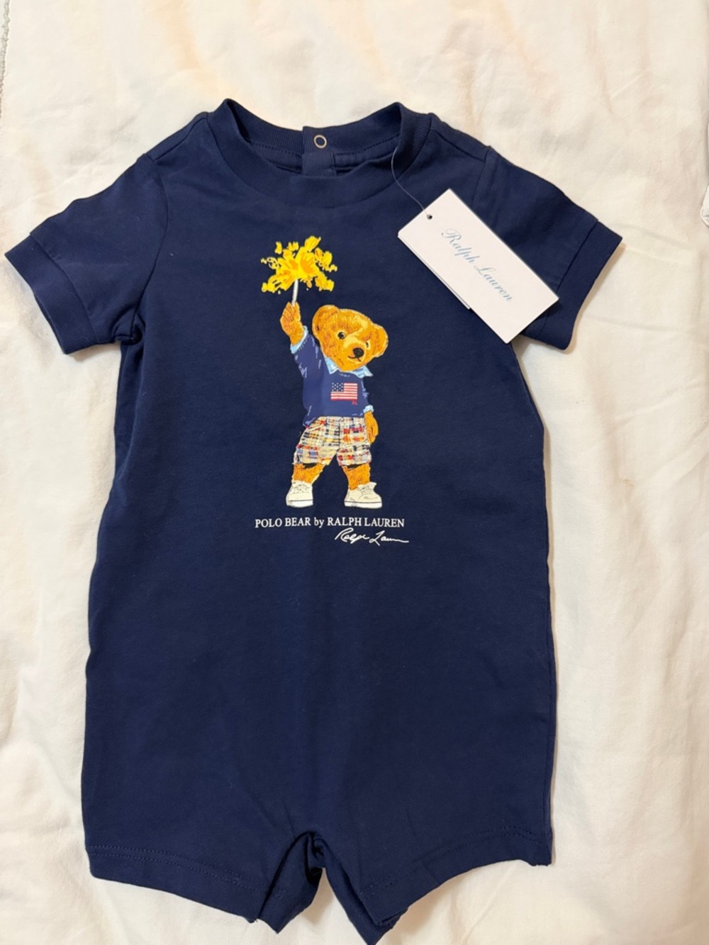 Ralph Lauren Navy Short-Sleeve Polo Bear Romper with Yellow Graphic